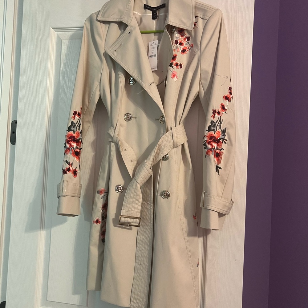 White House Black Market Cream and Red Floral Trench Coat